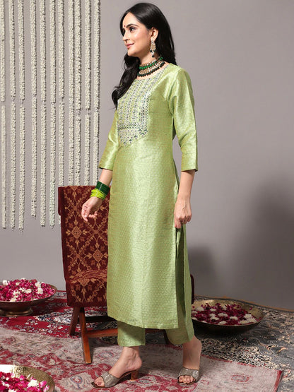Dhiyona VA Women's Green Ethnic Motifs Gotta Patti Kurta with Trousers & With Dupatta