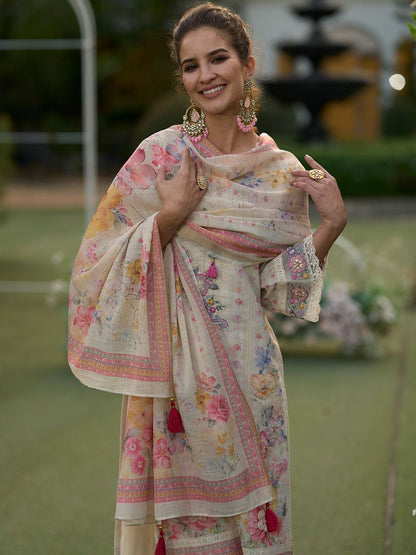 Women Floral Embroidered Linen Kurta with Trousers & Dupatta