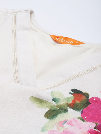 Dhiyona IE Floral Printed Beads and Stones Linen Kurta with Trousers & With Dupatta