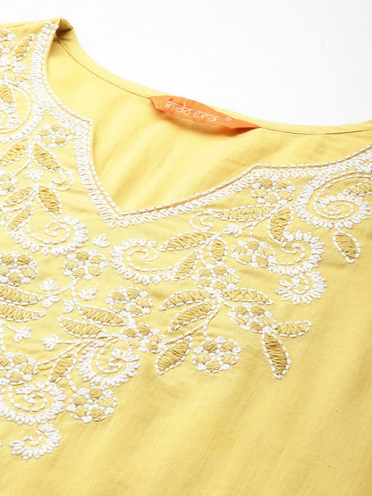 Floral Embroidered Thread Work Pure Cotton Kurti with Trousers