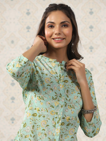 Dhiyona OD  Floral Printed Band Collar Pure Cotton Kurta