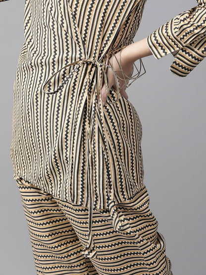 Dhiyona IE Women Beige & Black Striped Wrap Top with Trousers