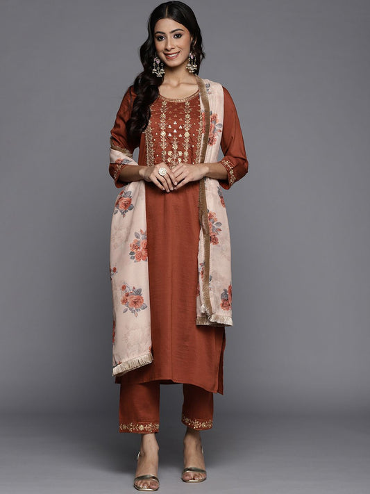 Dhiyona VA Women's Rust Orange Yoke Design Sequinned Kurta with Trousers & Dupatta