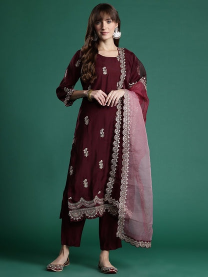 Floral Embroidered Sequinned Kurta With Trousers & Dupatta