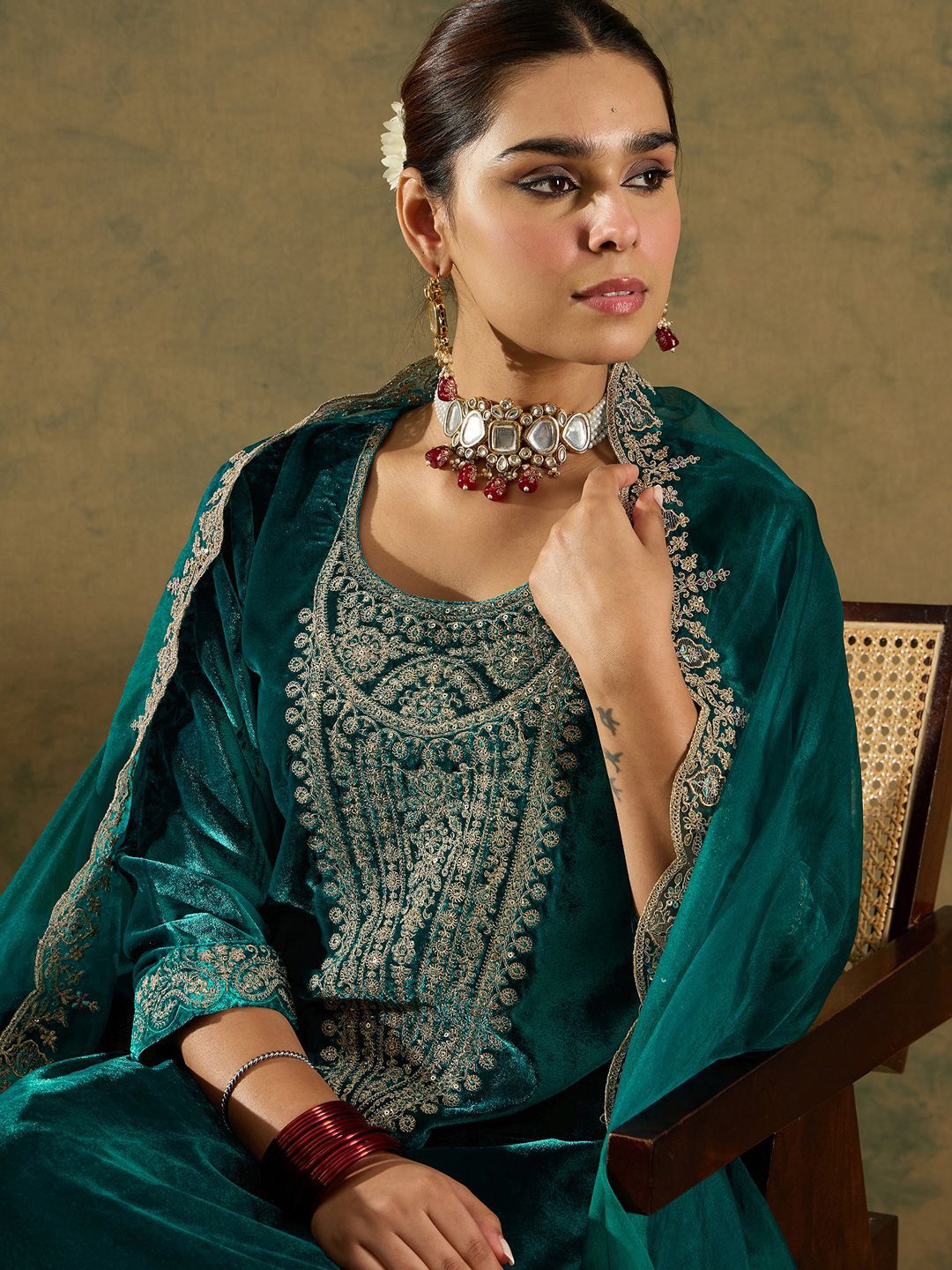 Dhiyona IE Ethnic Motifs Embroidered Regular Velvet Straight Kurta with Trousers & Dupatta