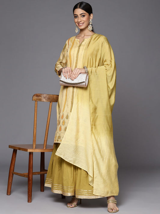 Dhiyona VA Women's Yellow Striped Mukaish Kurta with Sharara & With Dupatta