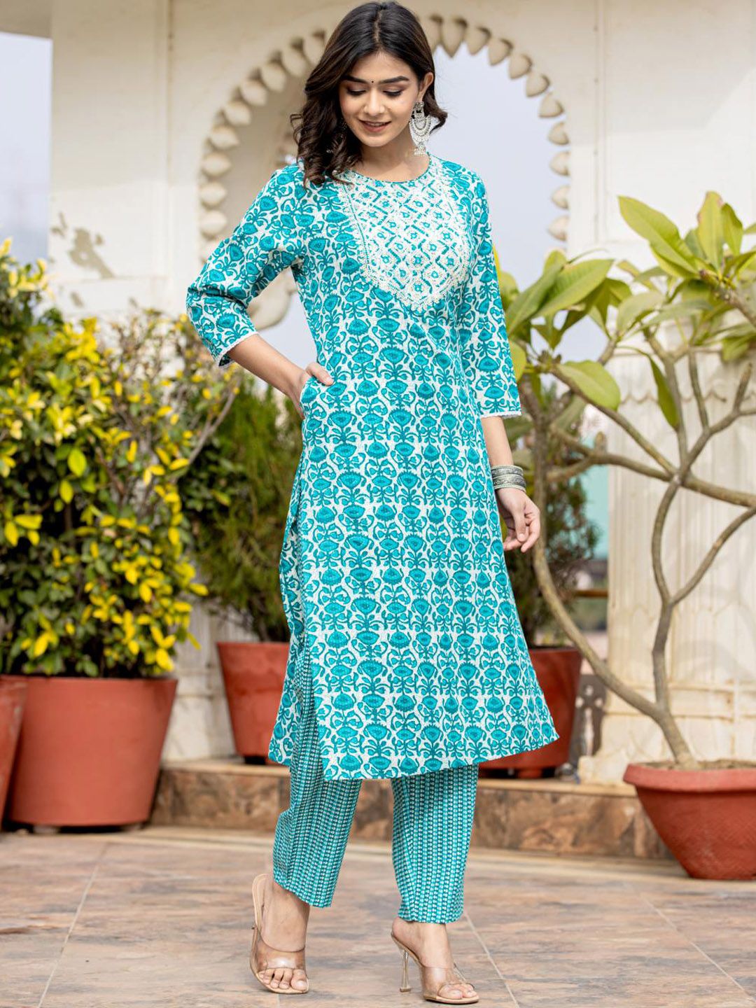Dhiyona VA Women's Ethnic Motifs Printed Kurta with Mirror Work, Printed Trousers, and Dupatta