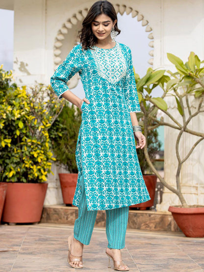 Dhiyona VA Women's Ethnic Motifs Printed Kurta with Mirror Work, Printed Trousers, and Dupatta