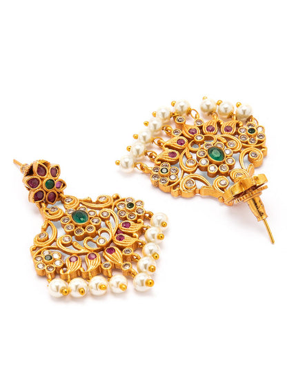 Dhiyona RJ Women's 22K Gold Plated Ruby & Emerald Studded Flower Design Drop Earrings with Pearl Drops