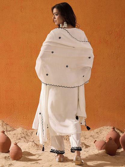 Dhiyona IE White Floral Embroidered Straight Kurta with Trousers & Dupatta