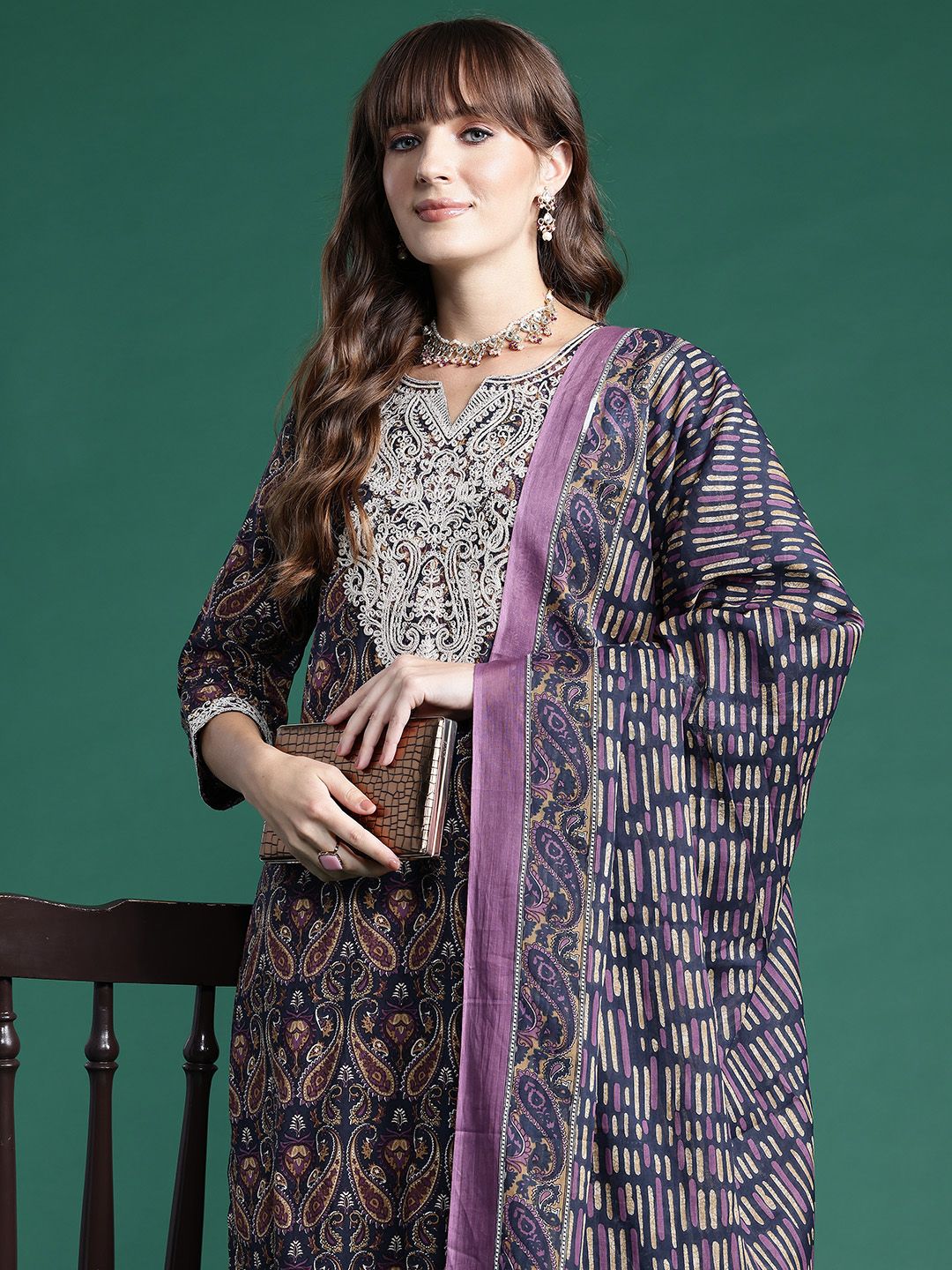 Dhiyona IE Paisley Printed Thread Work Pure Cotton Kurta With Trousers & Dupatta