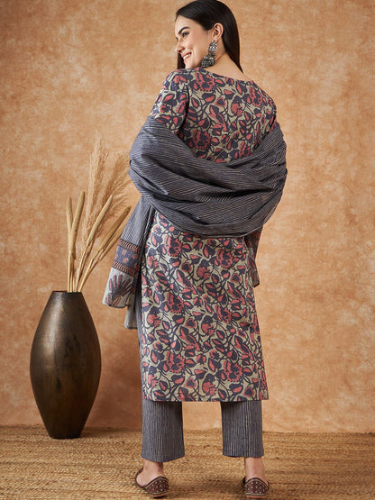 Dhiyona SN Women's Floral Printed Straight Kurta With Trousers & Dupatta