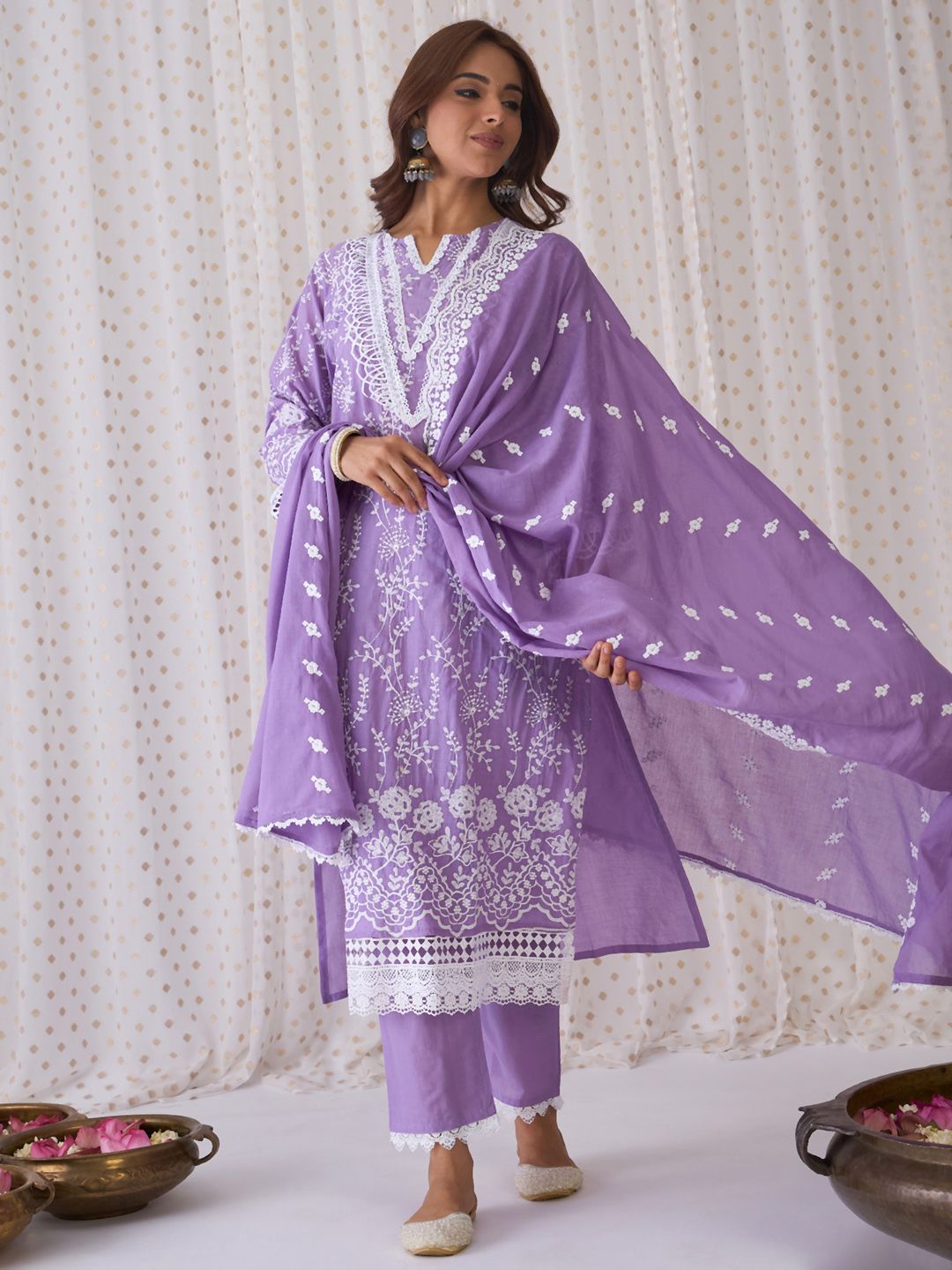 Dhiyona IE Floral Embroidered Pure Cotton Straight Kurta With Trousers & Dupatta