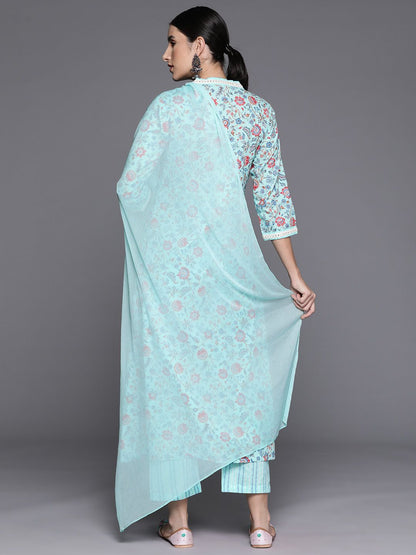 Dhiyona VA Women's Floral Printed Empire Mirror Work Cotton Kurta with Trousers & With Dupatta
