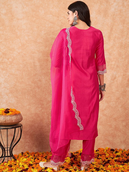 Dhiyona IE Floral Yoke Design Regular Thread Work Kurta With Trousers & Dupatta