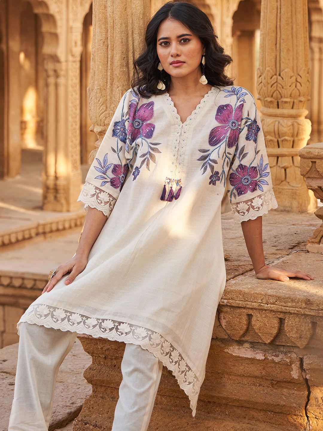 Floral Printed Beads And Stones V-Neck A-Line Pure Cotton Kurta With Trousers