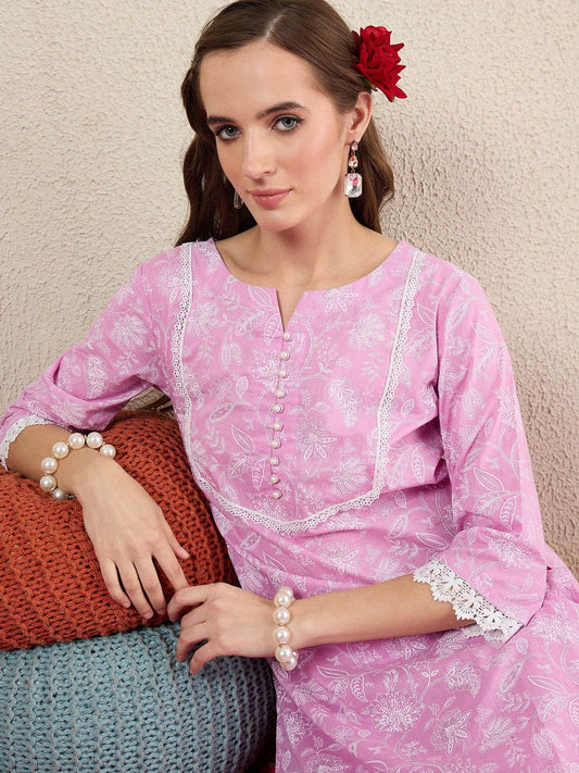 Dhiyona IE Women Floral Printed Cotton Kurta with Trousers