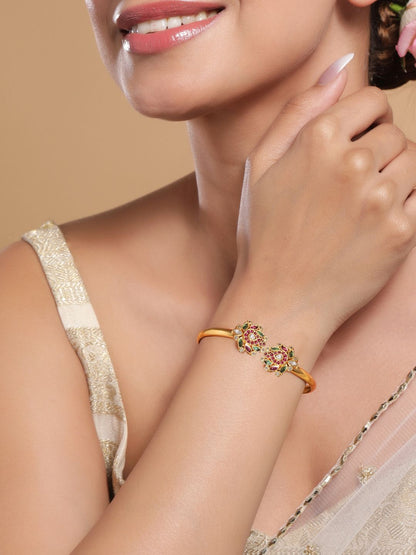 Dhiyona RJ Women's 18K Gold-Plated Ruby Pink, Green & White Kundan Studded Openable Bangle
