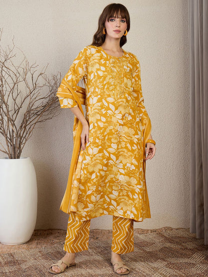 Dhiyona IE Floral Printed Thread Work Straight Kurta With Trouser & Dupatta