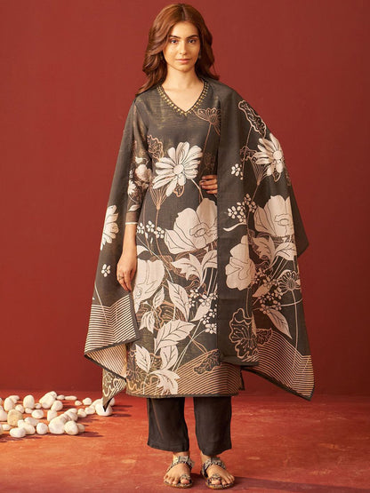 Dhiyona IE Floral Printed Beads and Stones Kurta With Trousers & \Dupatta