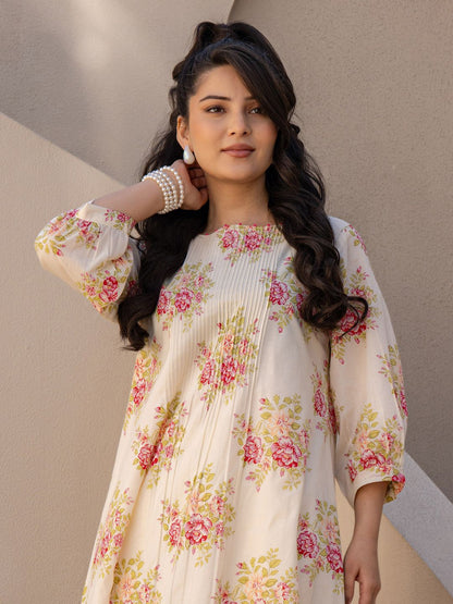 Dhiyona IE Floral Printed A Line Pure Cotton Kurta With Trousers