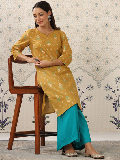 Dhiyona OD  Mustard Yellow & Teal Printed Pure Cotton Kurta with Palazzos