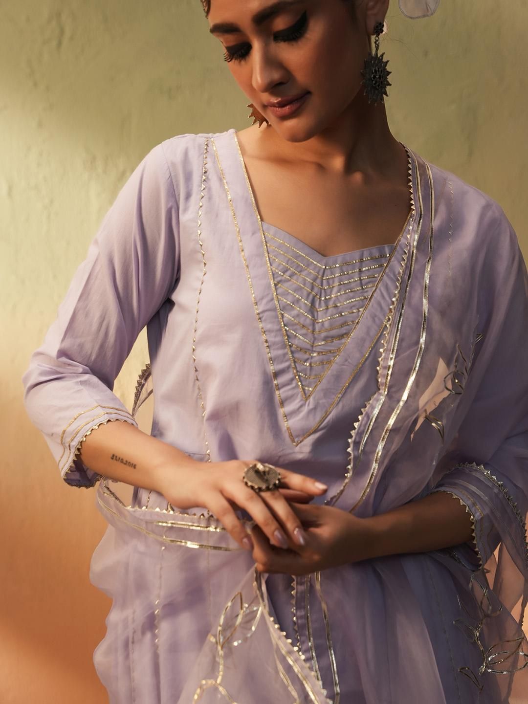 Dhiyona IS Women's Striped Embroidered Gotta Patti Pure Cotton A-Line Kurta With Trousers And Dupatta