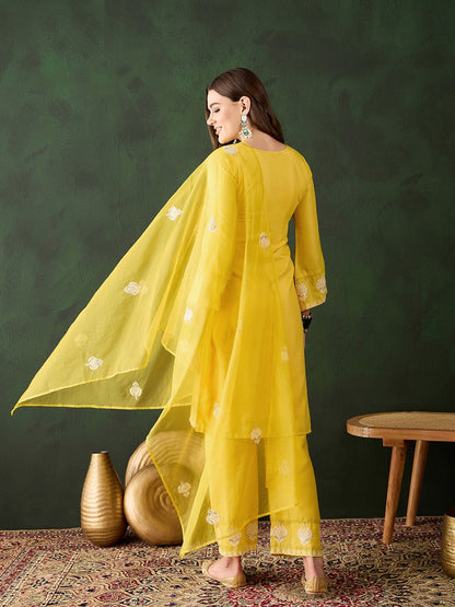 Dhiyona SN Women's Yellow Floral Embroidered Sequined Straight Kurta With Trousers & Dupatta