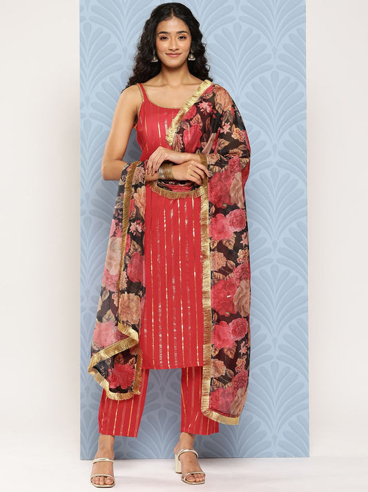 Dhiyona VA Women'sStriped Regular Pure Cotton Kurta with Trousers & With Dupatta