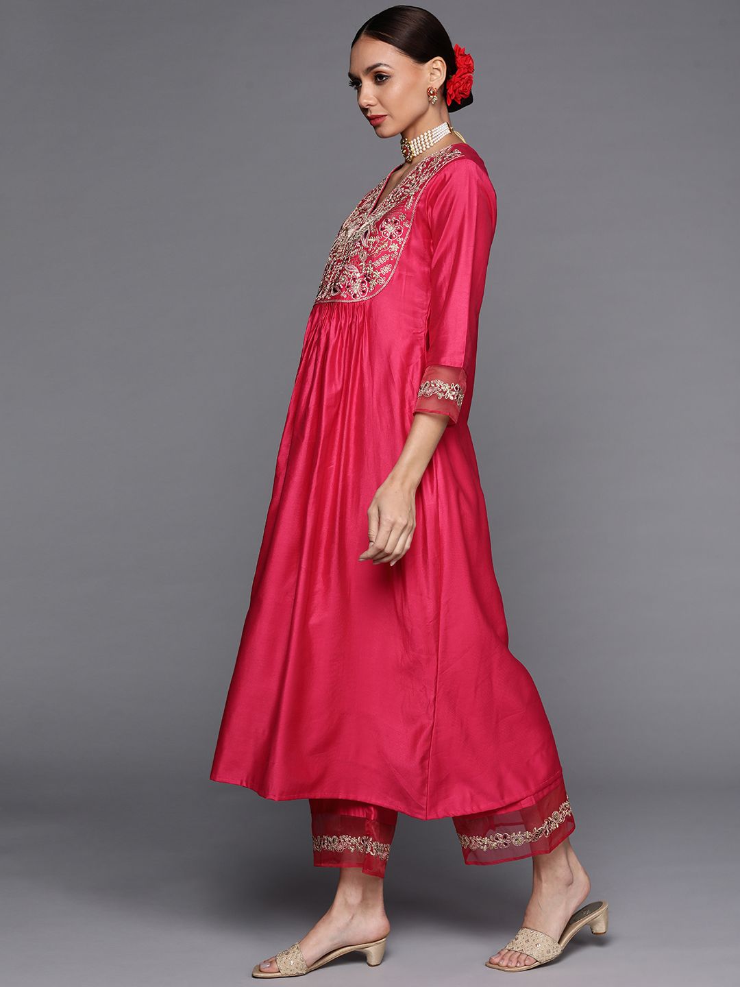 Women Pink & Gold Yoke Embroidered Sequinned A-Line Kurta Palazzos Dupatta