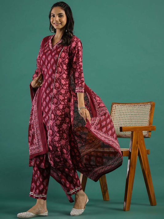 Dhiyona SN Women's Printed Pure Cotton Straight Kurta With Trouser & Dupatta Set