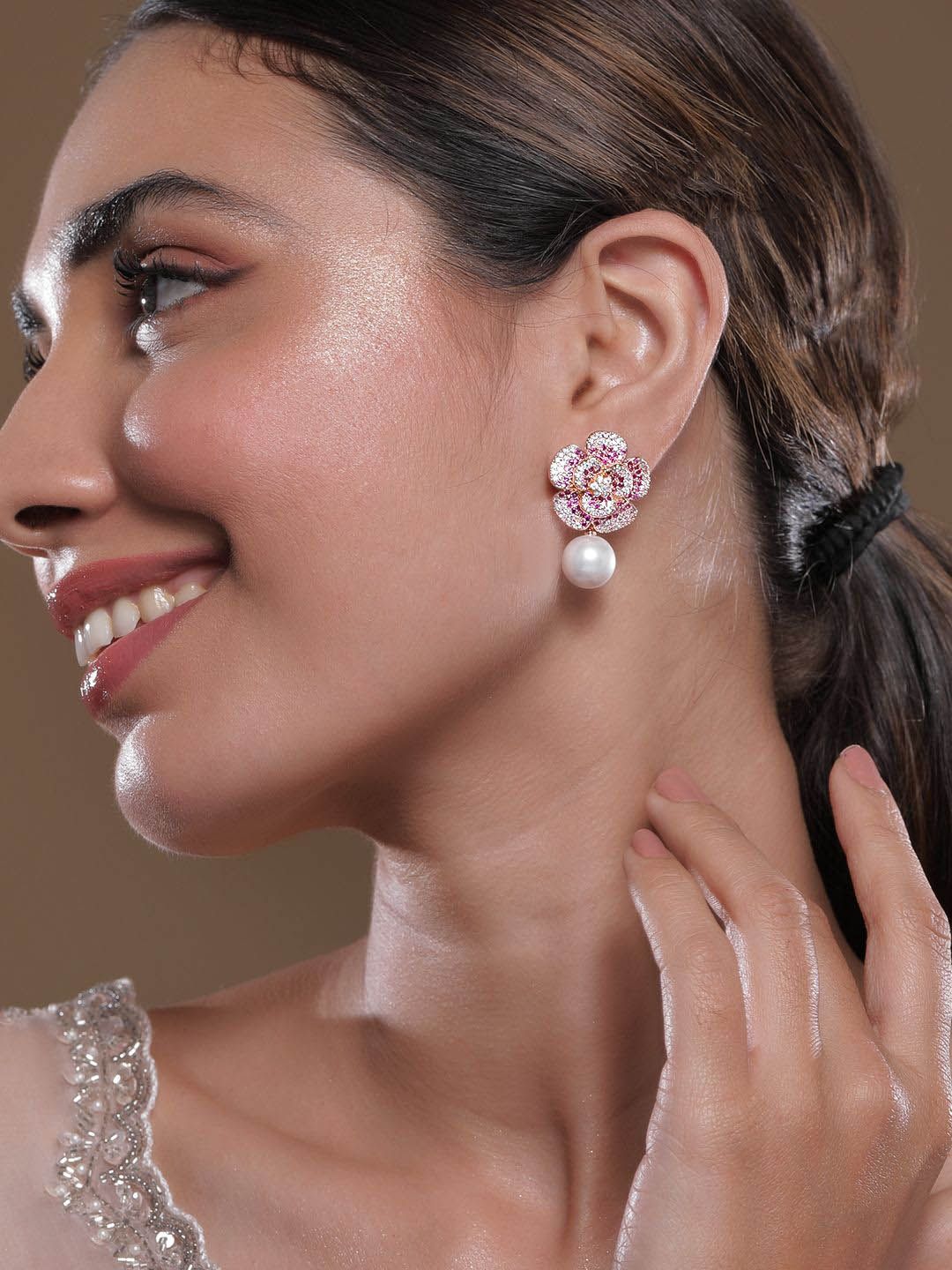 Dhiyona RJ Women's 22K Rose Gold-Plated RubyPink AD & Cubic Zirconia Studded Floral Pearl Drop Earring