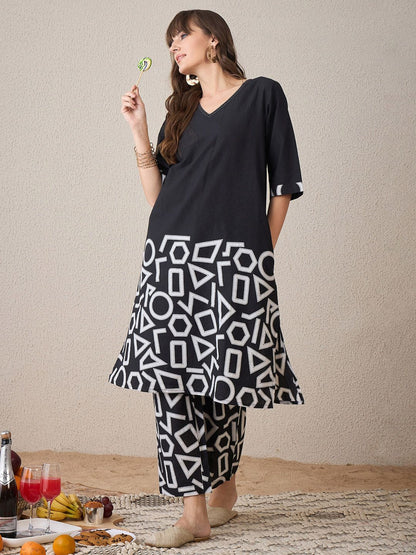 Dhiyona IE Geometric Printed V-Neck Pure Cotton A-Line Kurta With Palazzos