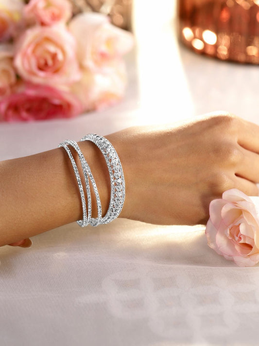 Dhiyona RJ Women's Rhodium-Plated Crystals Stone Studded Cuff Bracelet