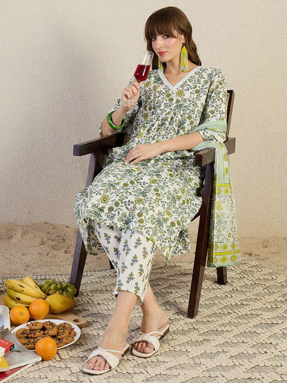 Dhiyona IE Floral Printed V-Neck Pleated Pure Cotton A-Line Kurta & Trousers With Dupatta