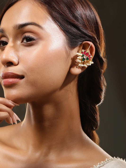 Dhiyona RJ Women's 22K Gold-Plated Ruby Pink, Emerald & Kundan Pearl Beads Lotus Design Ear Cuff
