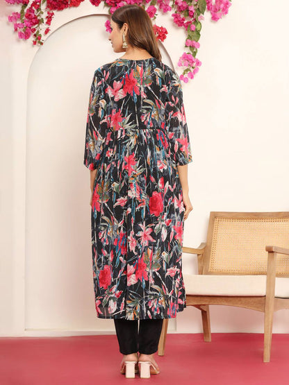 Dhiyona VA Women'sBlack Gotta Patti Floral Embroidered V-Neck Empire Kurta With Trousers & Dupatta