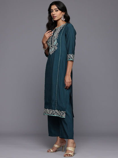 Dhiyona VA Women'sPaisley Embroidered Zari Panelled Kurta With Trousers & Dupatta