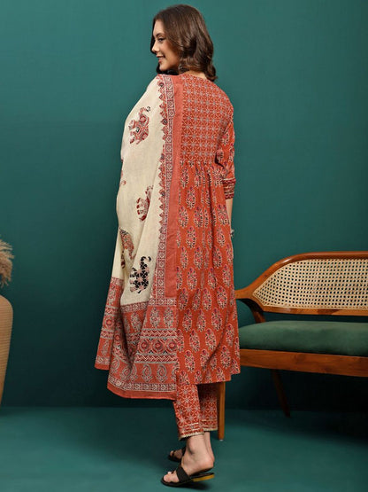 Dhiyona SN Women's Floral Printed Gotta Patti Pure Cotton Anarkali Kurta With Trousers & Dupatta
