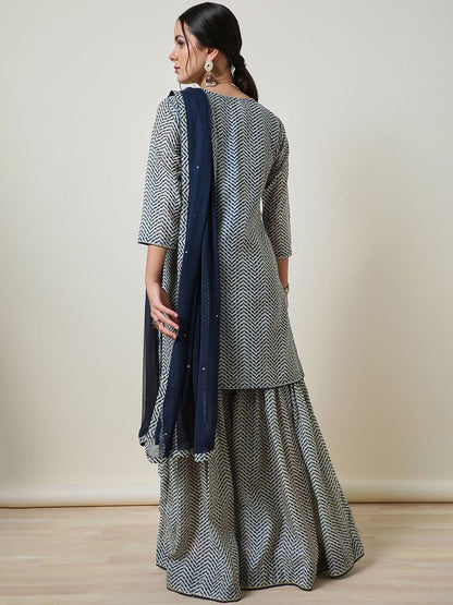 Dhiyona SO Women's Women Printed Regular Gotta Patti Chanderi Silk Kurta with Sharara & With Dupatta