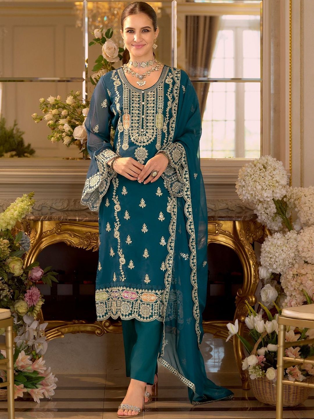 Dhiyona IE Women Ethnic Motifs Embroidered Kurta with Trousers & Dupatta