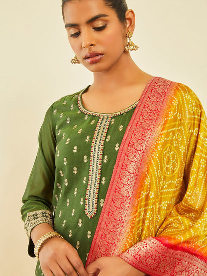 Dhiyona SO Women's Ethnic Motifs Embroidered Sequinned Chanderi Silk Straight Kurta Set