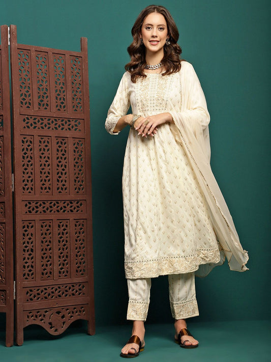 Dhiyona SN Women's Printed & Embroidered Anarkali Kurta With Trouser & Dupatta Set