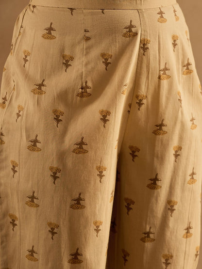 Floral Printed V-Neck Pleated Pure Cotton A-Line Kurta With Trouser