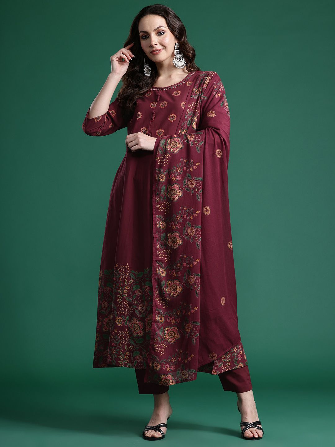 Floral Printed Pure Cotton Kurta with Trousers & Dupatta