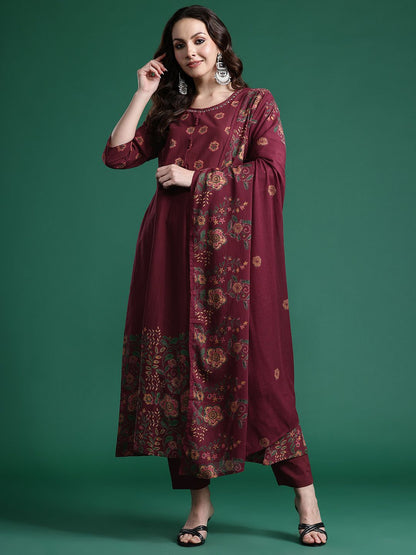 Floral Printed Pure Cotton Kurta with Trousers & Dupatta