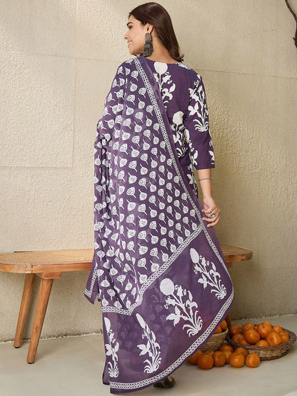 Dhiyona IE Floral Printed V-Neck Pure Cotton Straight Kurta With Trousers And Dupatta