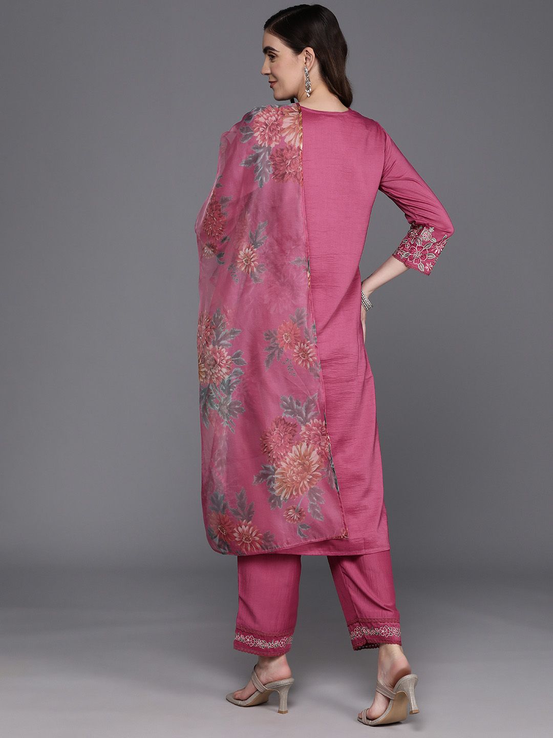 Dhiyona IE Floral Embroidered Thread Work Kurta with Trousers & Dupatta