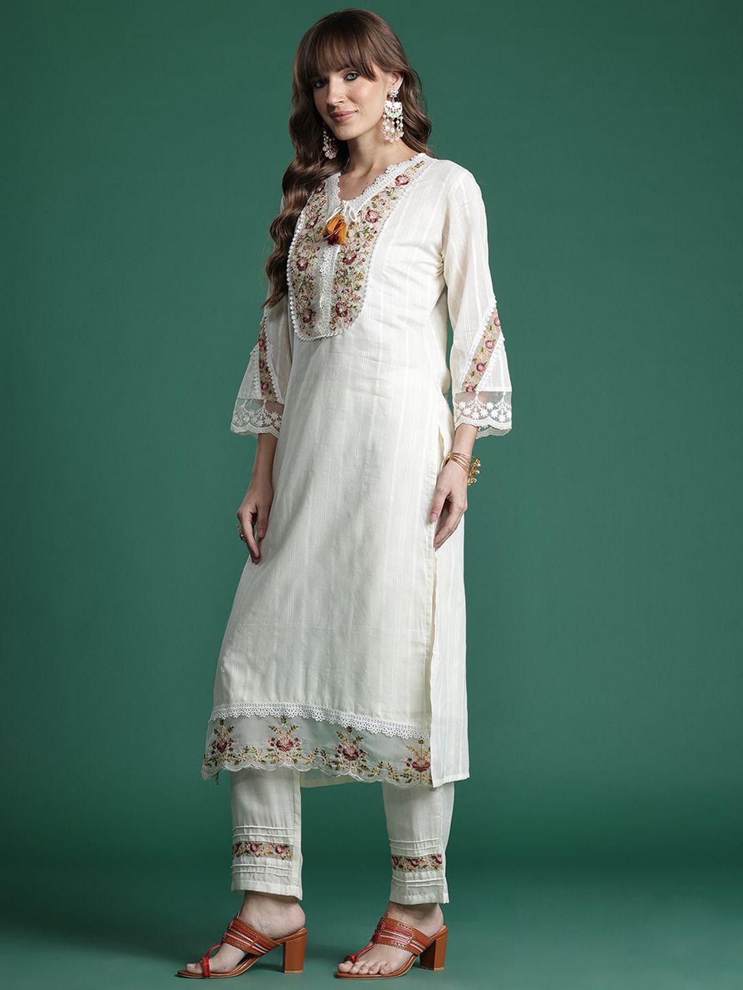 Floral Embroidered Regular Linen Kurta with Trousers & Dupatta