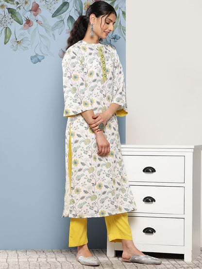Dhiyona VA Women'sFloral Printed Thread Work Kurta with Trousers & Dupatta
